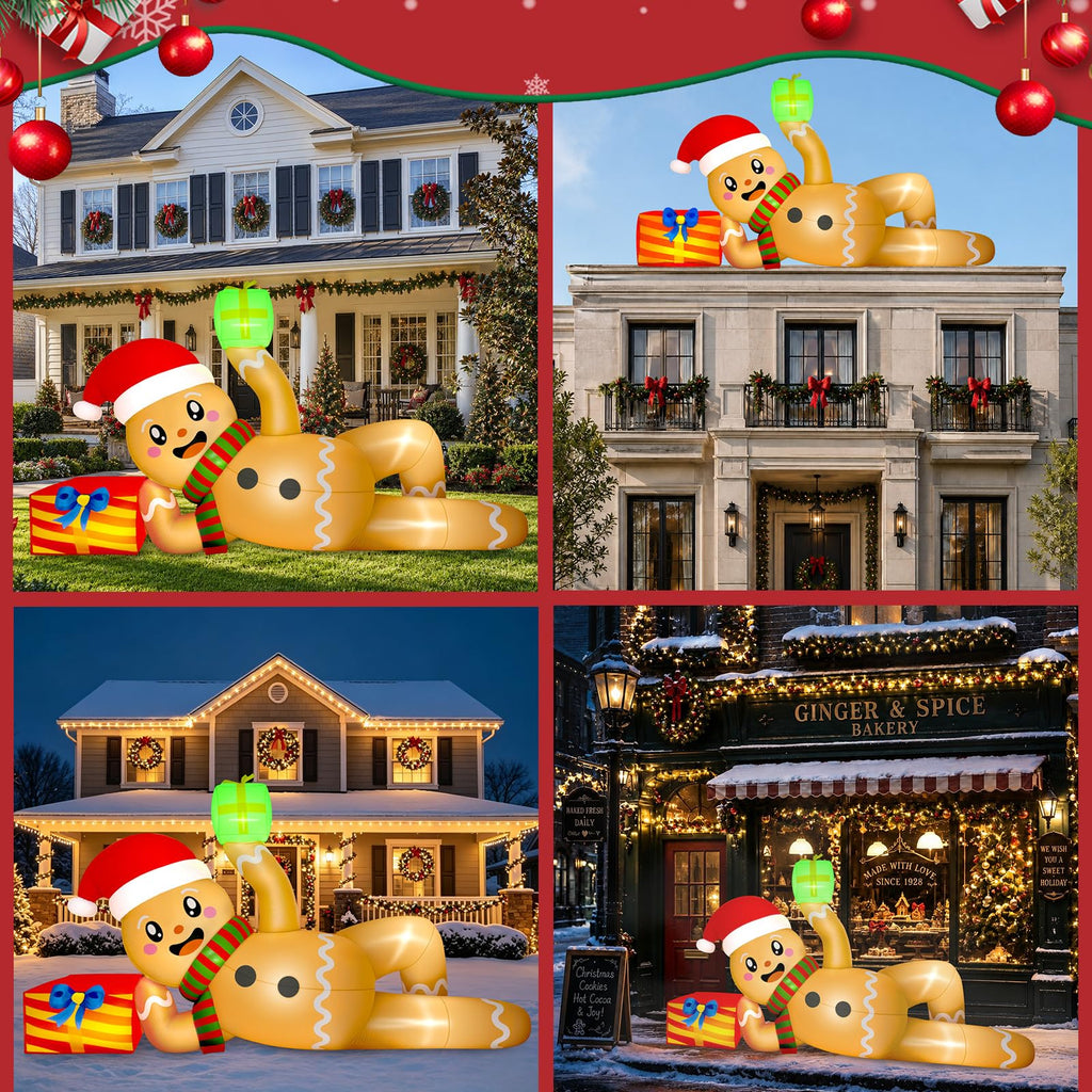 10 FT Christmas Inflatable Outdoor Decoration, Lying Gingerbread Inflatable Christmas Blow up Yard Decorations with