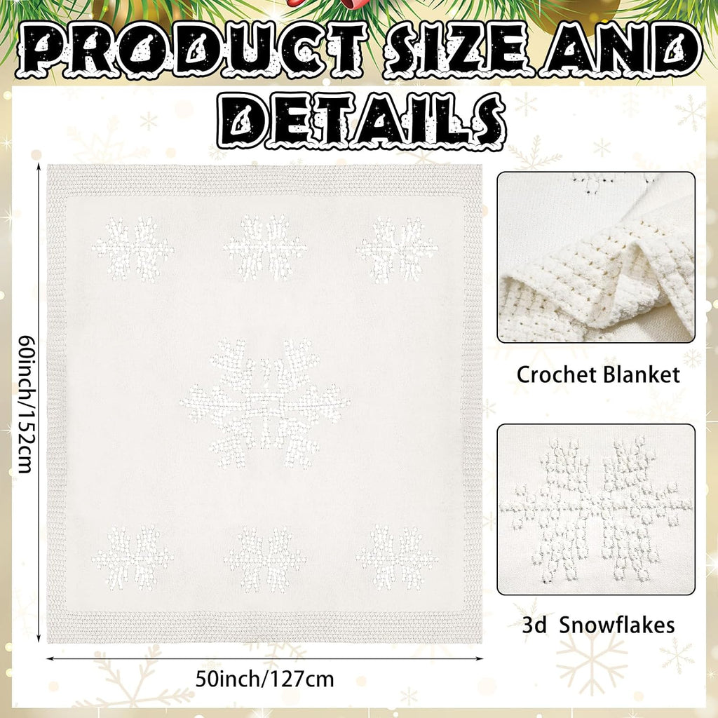 Christmas Crochet Throw Blanket White Knit Snowflake 50x60 Inch