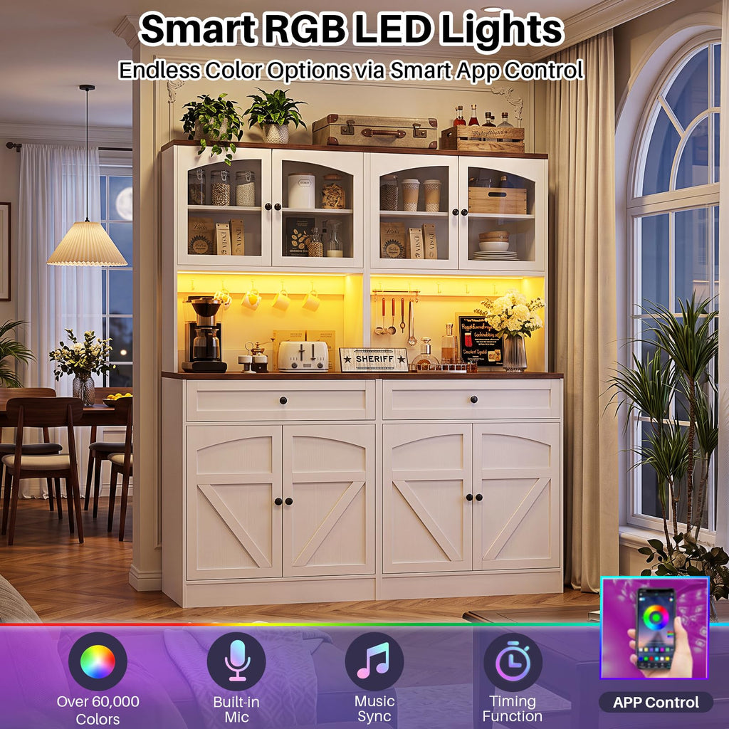 71" Kitchen Pantry Cabinet with LED Light and Outlet, Kitchen Hutch