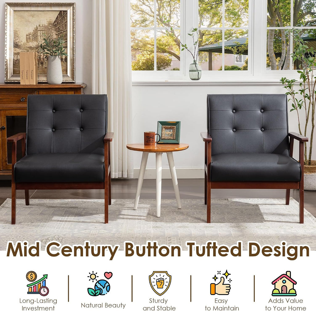 Black Leather Accent Chair, Waiting Chair with Wooden Arms