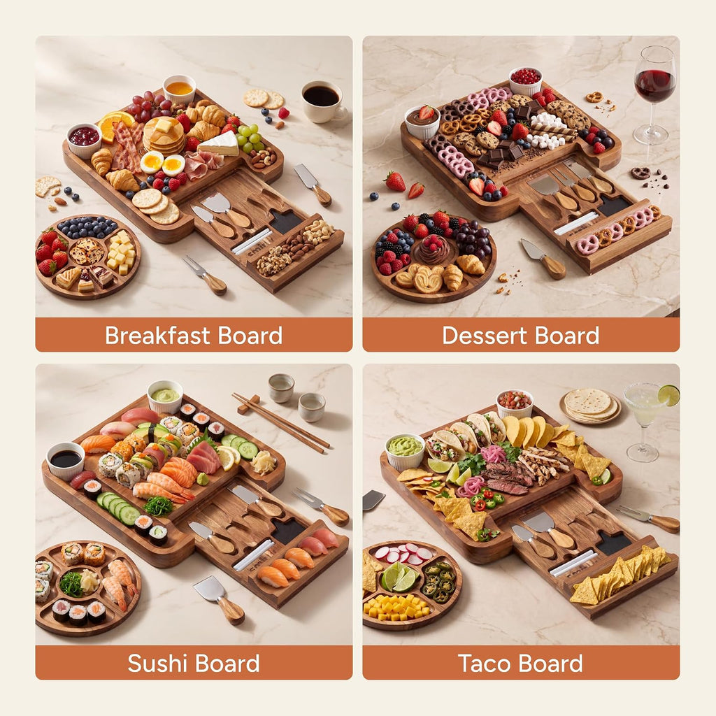 Charcuterie Board Set with Serving Accessories, Acacia | Serving Board Gift warmings, Weddings and Birthdays, Great