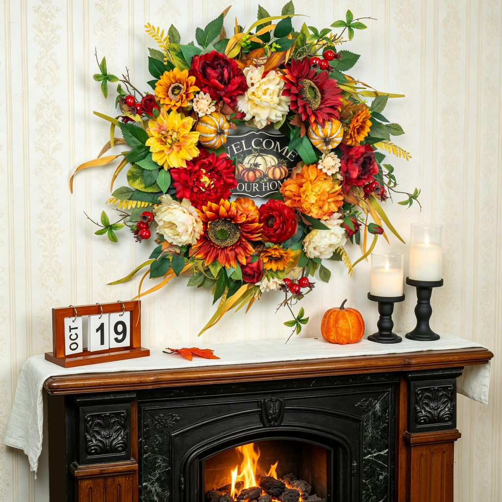 24 Inch Fall Wreath for Front Door, Rustic Harvest Autumn Wreath