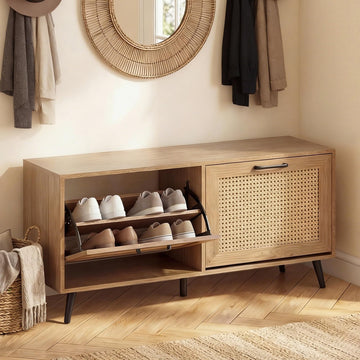 Shoe Storage Bench, 40" Rattan Shoe Cabinet with 2 Flip Drawers