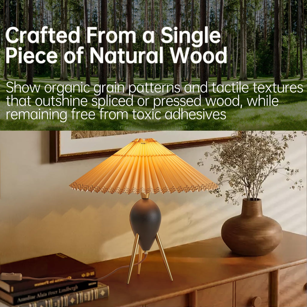 Japandi Zen Table Lamp, Black Solid Wood Tripod, Pleated Umbrella Shade