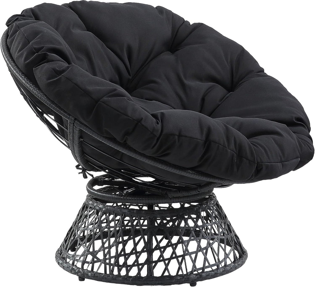 Wicker Papasan Chair with 360-Degree Swivel, Grey Frame with Black Cushion
