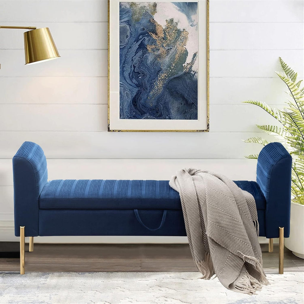 Modern Blue Velvet Storage Bench End of Bed Bench Ottoman, Upholstered Armed Entryway Bench Long Settee