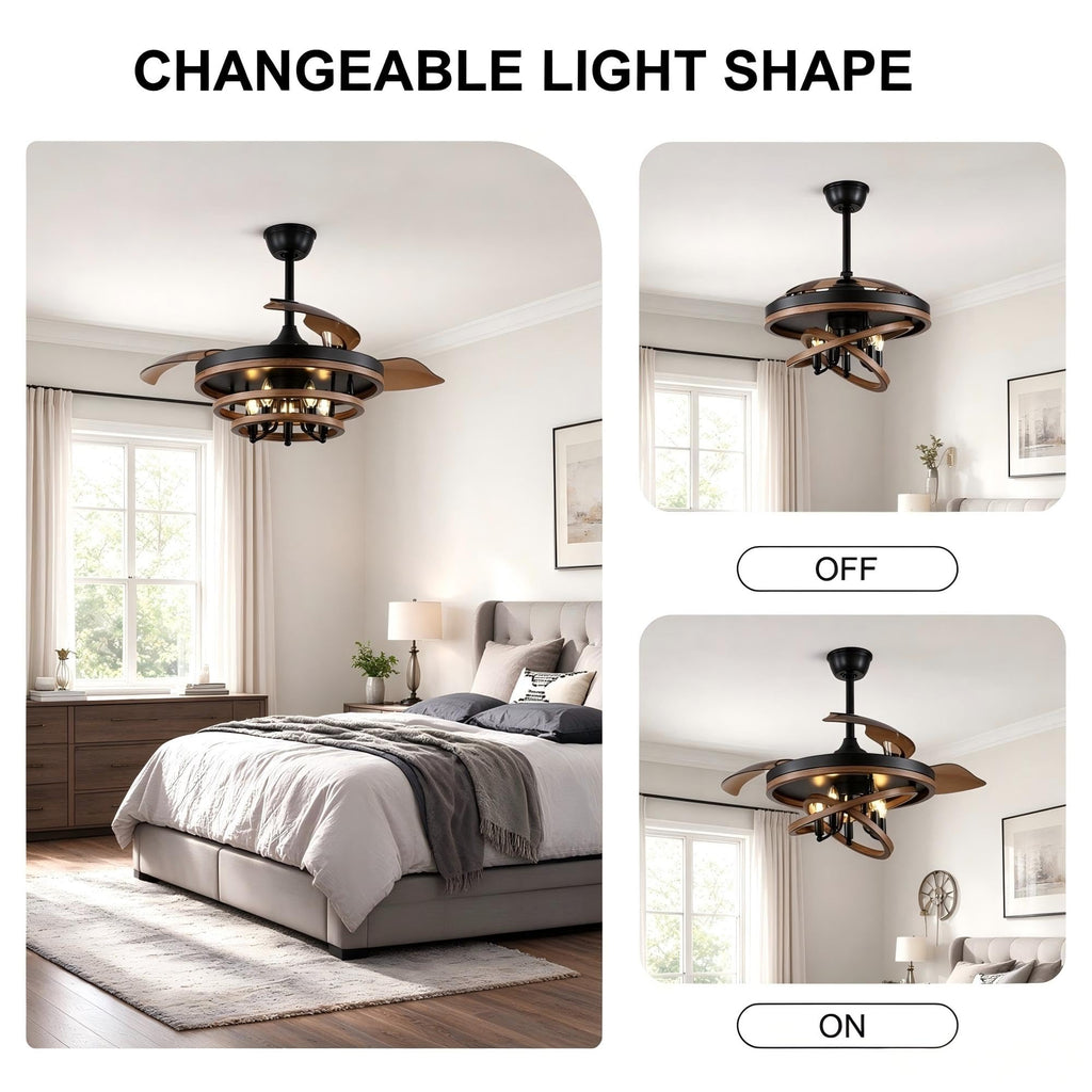 42 Inch Retractable Ceiling Fan with Lights Rustic Fandelier, Remote Control Farmhouse Fandalier, DIY Lampshade