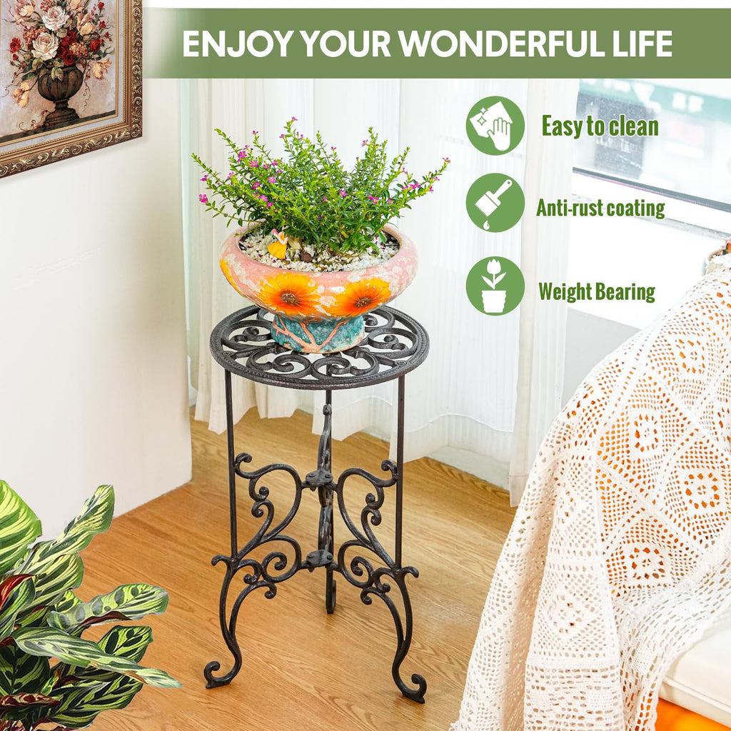 Cast Iron Potted Plant Stand, 19.3 Inch 1 Tier Metal Planter Rack