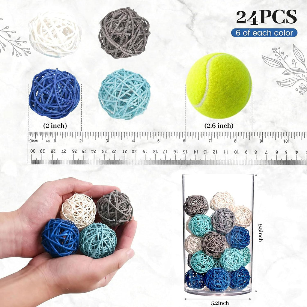 Blue Decorative Balls for Bowl Centerpiece, 2 Inch Rattan - Set of 24