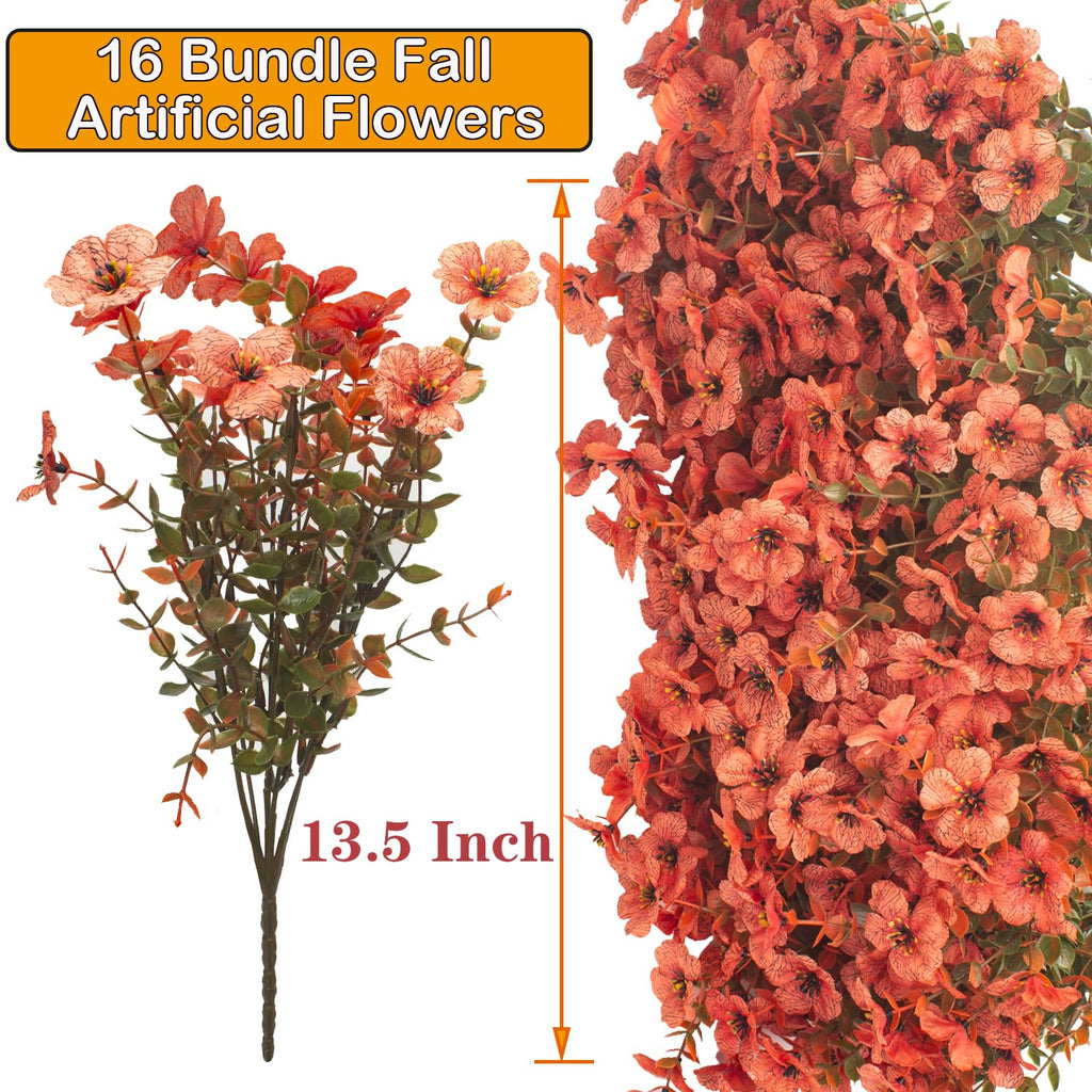 Fall Outdoor Artificial Flowers 16 Bundles - UV Resistant Faux Daisy with Eucalyptus Leaves, Weatherproof Fake Plants