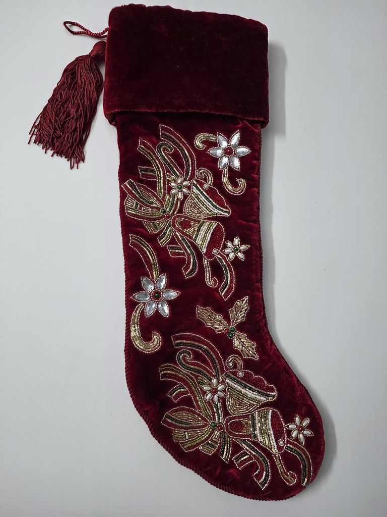 Christmas Stocking 21" x 7", Red Velvet Christmas Stocking with Gold Beaded Embroidery, Luxury Holiday Stocking with