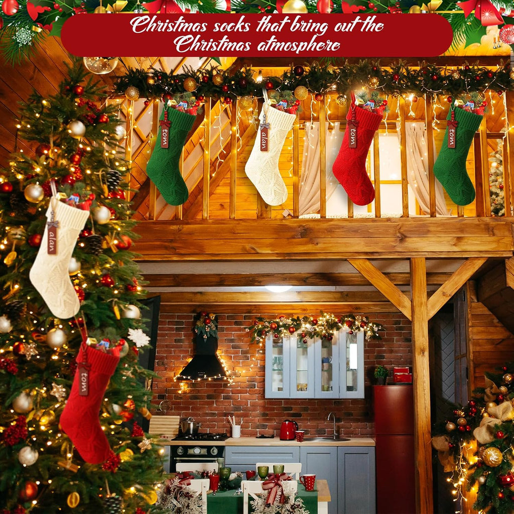 12 Set 18 Inch Large Christmas Stockings with Name Tags Double Sided Cable Knitted Xmas Stockings Personalized