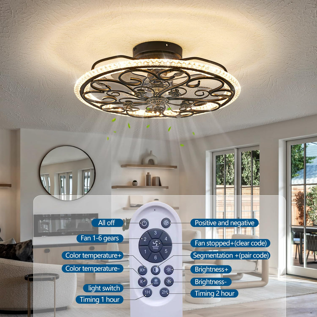 Black Flower Caged Ceiling Fan with Light, Rustic Industrial Ceiling Fan with Lights and Remote, LED Low Profile