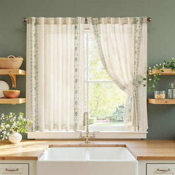 Small Window Curtains 45 Inch Length Linen Cafe Curtains for Kitchen Bathroom Bordered Floral Embroidered Short