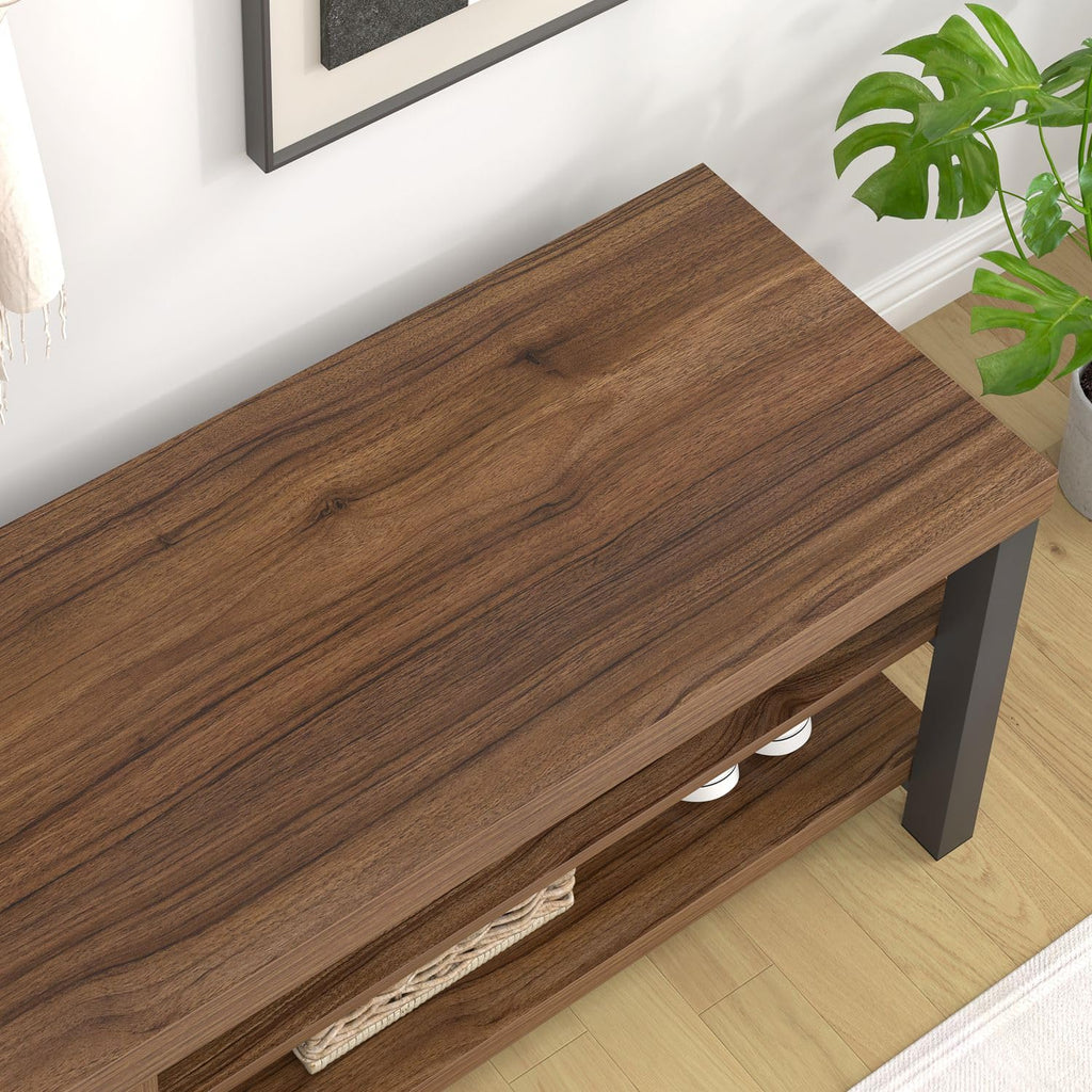 Entryway Bench, Modern Wood Shoe Bench Hallway, Industrial Indoor Shoe Storage Bench Seat, Rustic Walnut, 47 Inch