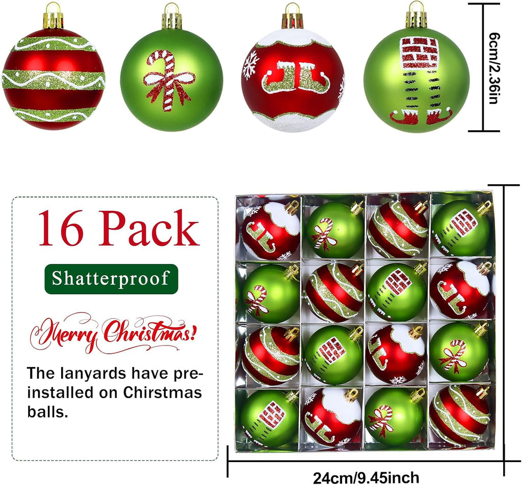Christmas Balls Ornaments Set, 2.4 Inch Christmas Tree Ornaments, Red Green White Shatterproof Christmas Tree - Set of 16