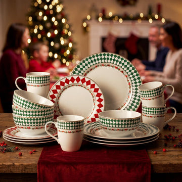 Christmas Argyle Real Gold Trim Porcelain Dinnerware Set,Service for 4