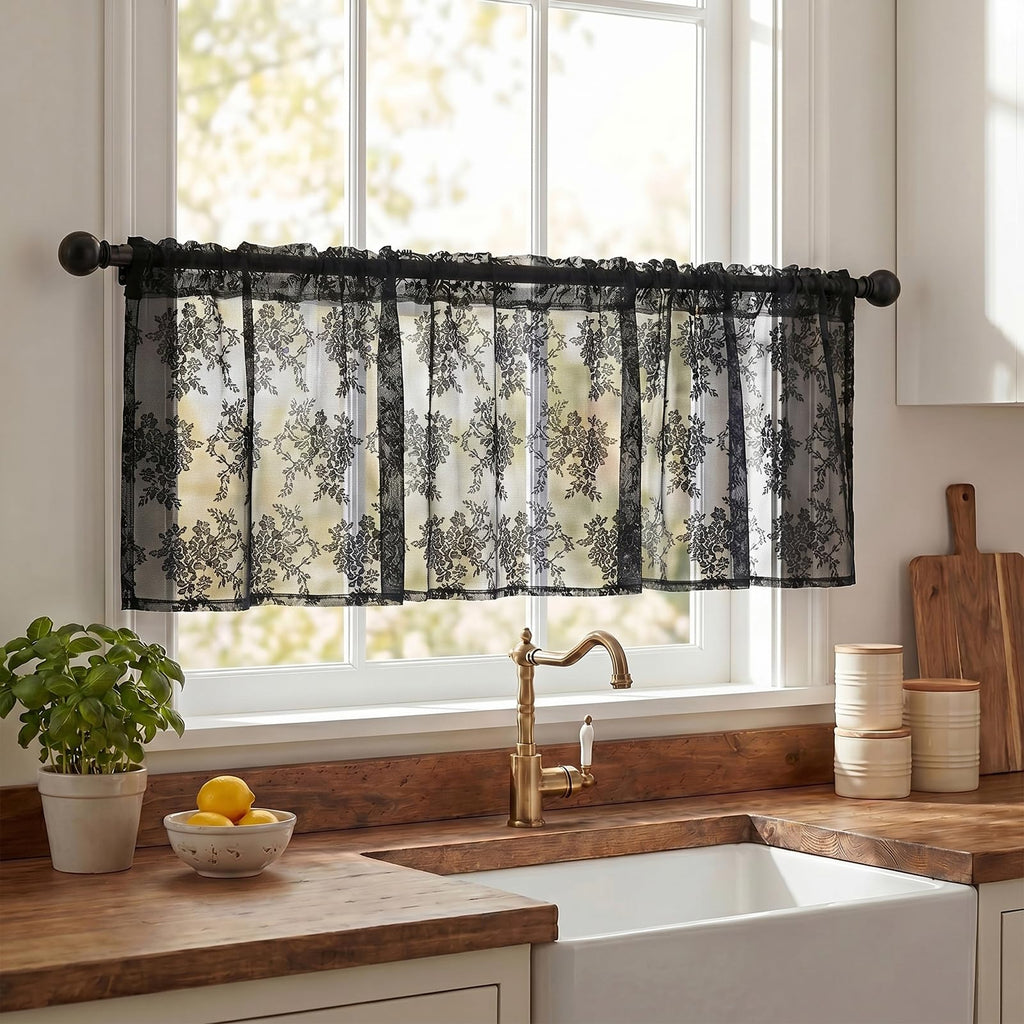 Valances for Windows, Lace, 4 Pack, 52x18 Inch, Floral Black