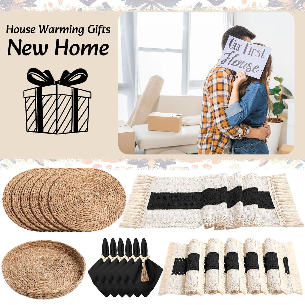 6 Sets Boho Table Runner and Woven Round Placemats Set, Black, 12x72