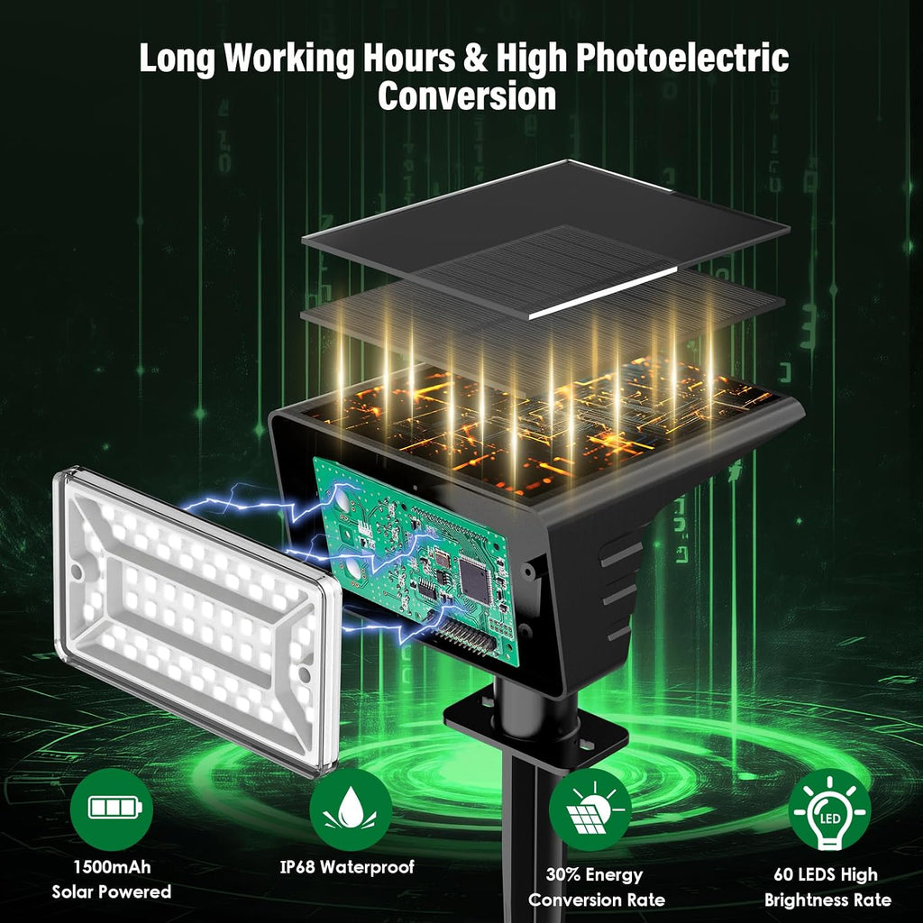 Solar Spot Lights Outdoor with 60 LED & Auto On/Off, 4 Pack Solar Lights Outdoor Waterproof IP68 with 3 Lighting