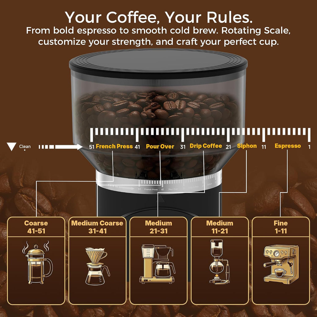 Coffee Grinder Electric Coffee Bean Grinder with 48mm Titanium Plated Conical Burrs, 51 Grind Settings for Espresso