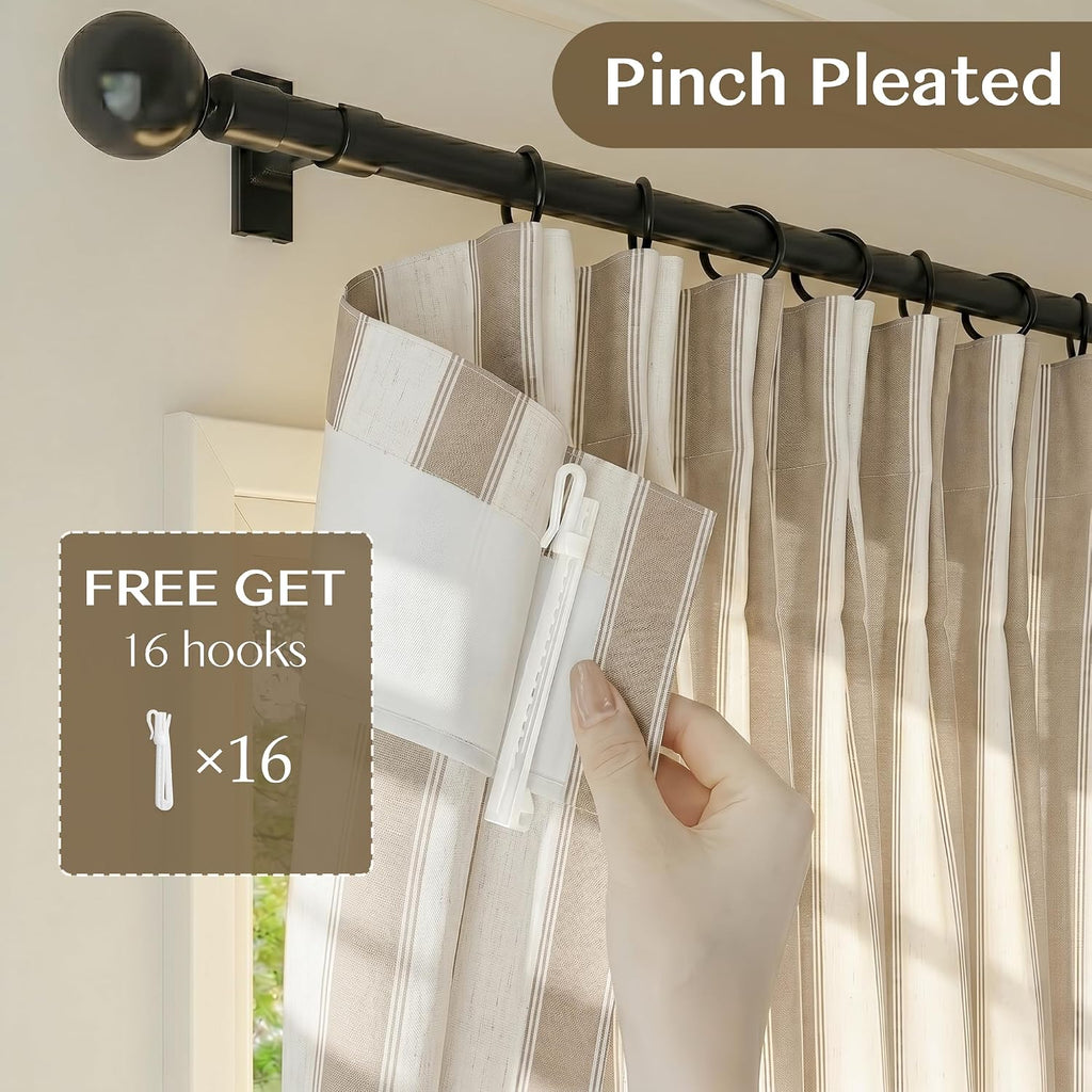 Beige Stripe Pinch Pleated Curtains 84 inches, Linen Blend Light Filtering Gingham Drapes with Memory Pleats for