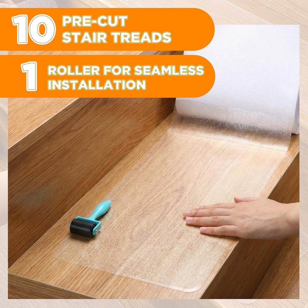 30" x 10" Clear Stair Treads 10 Pack Non-Slip Waterproof Self Adhesive Stair Treads Strips for Wooden Steps, Pre Cut