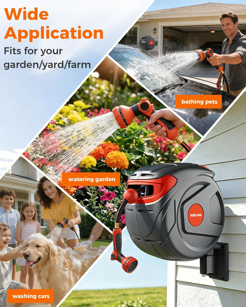 100 FT 1/2 Inch Retractable Garden Hose Reel Wall-Mounted 180° Swivel 9-Patern Nozzle Automatic Slow Return Any