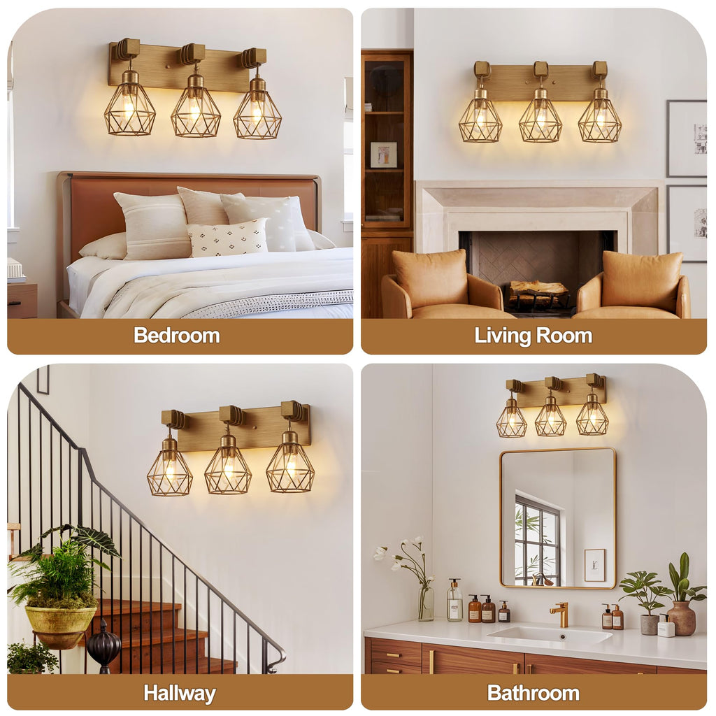 3 Light Bathroom Vanity Light, Farmhouse Gold Fixture Over Mirror