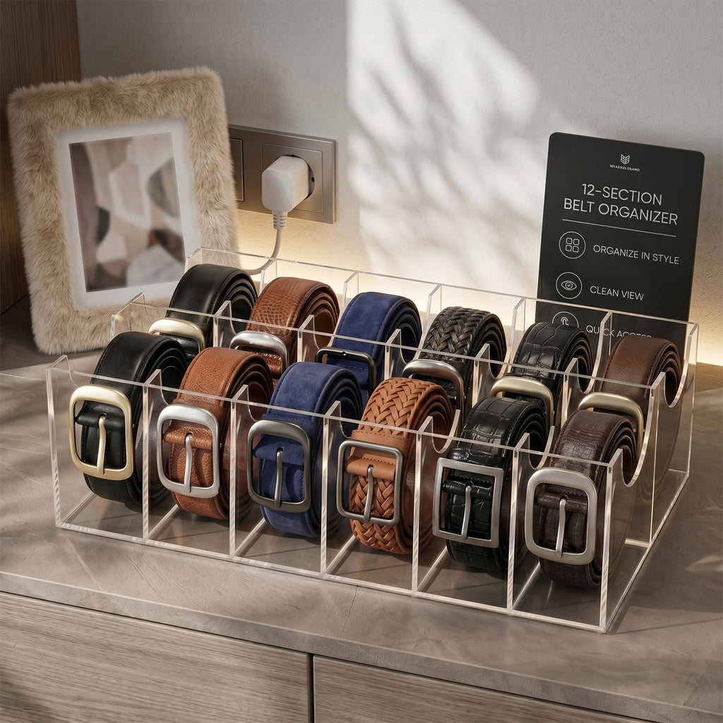 12 Compartments Belts Storage Box, Acrylic Belt Organizer, Belt Container Storage Holder Clear Belts Display Case for