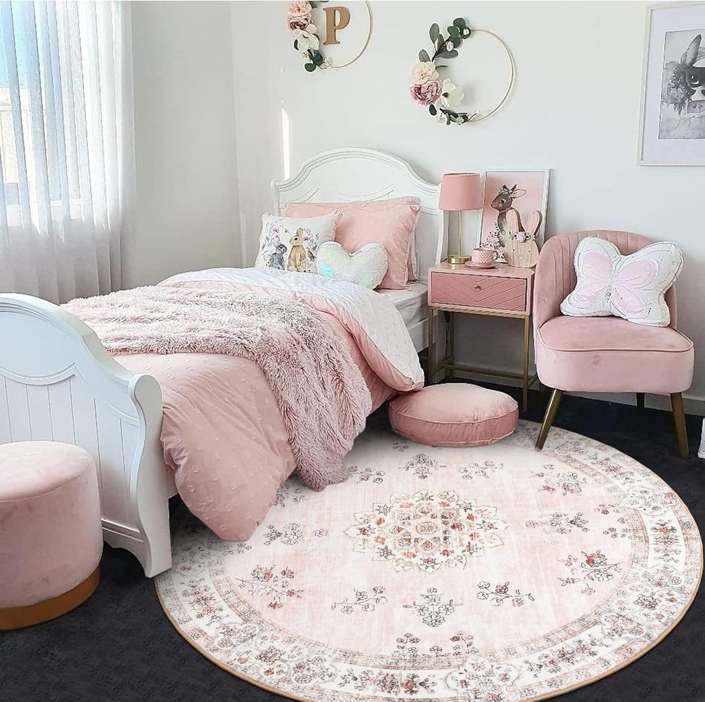 Pink Washable Round Rug 5ft, Soft Europe Vintage 5x5 Circle Rug Kids Playroom, Non-Slip Floral Pastel Circular Carpet