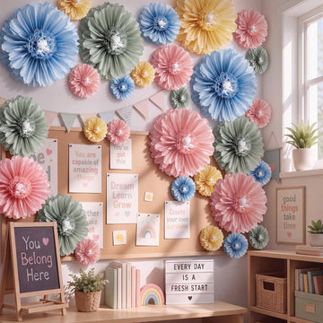 6 Pcs 31.5", 24" Boho Giant Paper Flower Morandi Back to School Bulletin Board Decoration Large Green Blue Classroom