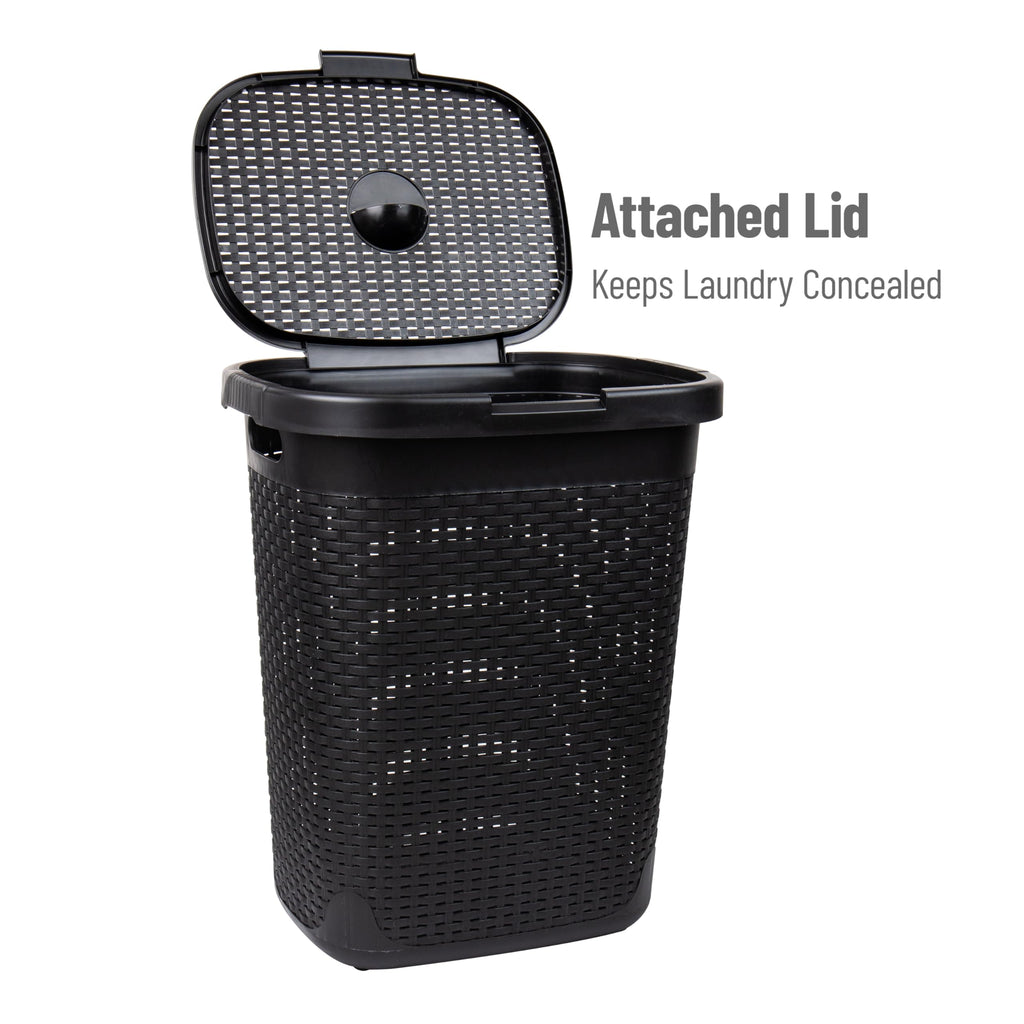 Slim Laundry Hamper with Lid, 50L Clothes Basket, Premium Wicker Design, Plastic, Black