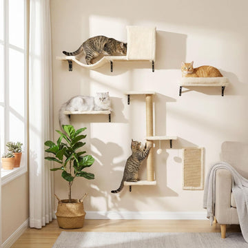 Cat Wall Shelves, 5-in-1 Cat Wall Furniture Set, Beige