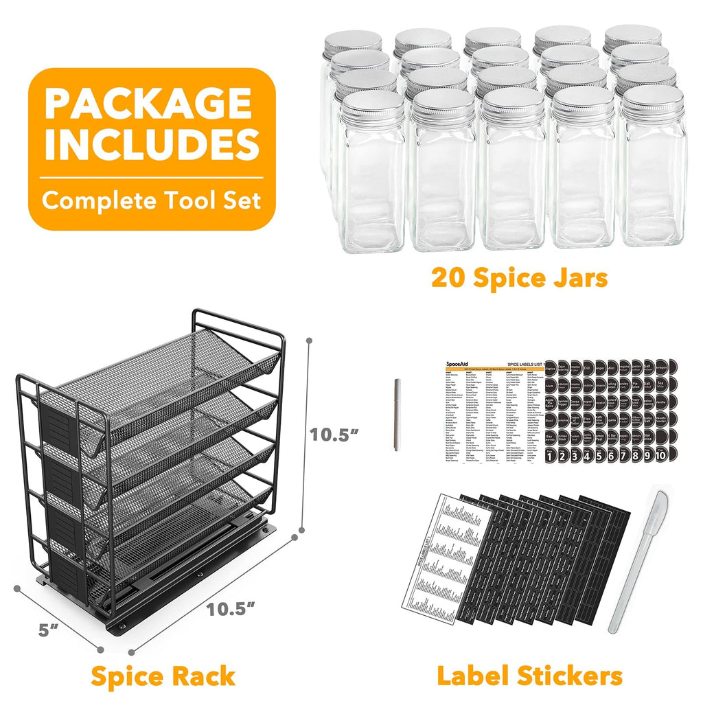 Pull Out Spice Rack Organizer with 20 Jars, Heavy Duty Slide Out Seasoning Organizer Cabinets, with 801 Labels
