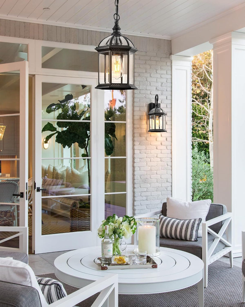 13.8" Large Outdoor Pendant Light Fixture, Black Hanging Porch Lights with Tempered Glass, Anti-Rust