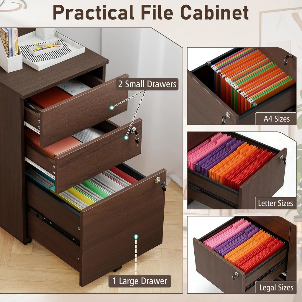 3-Drawer File Cabinet with Lock, 27-Inches Storage Cabinet with 2 Side Hooks, Mobile Printer Stand, Wheels, 4 Keys