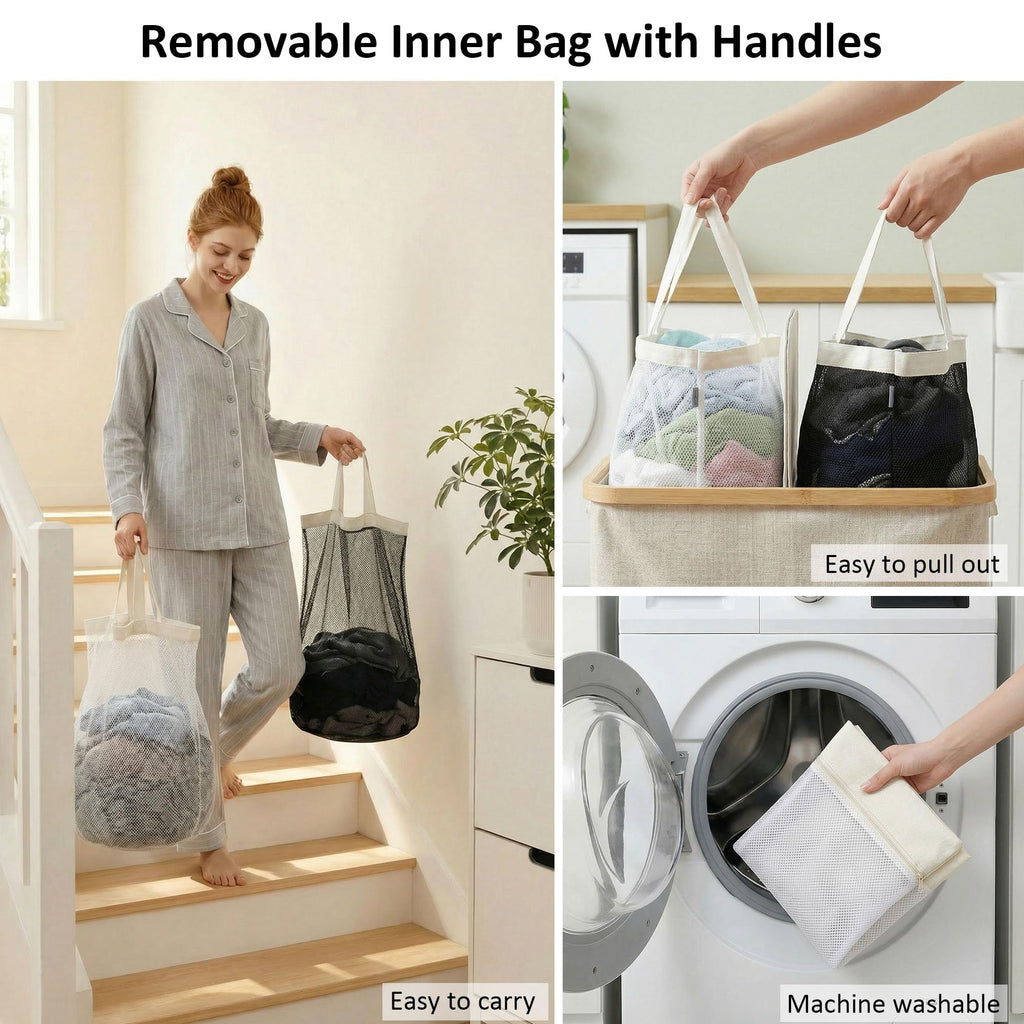 Double Laundry Hamper with Lid and 2 Removable Bags, Beige