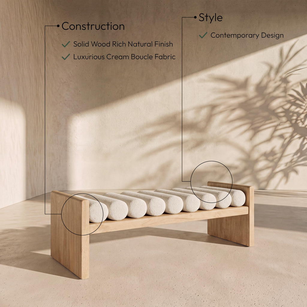 179Cream Waverly Collection Modern | Contemporary Bench with Solid Wood Rich Natural Finish, Luxurious Cream Boucle