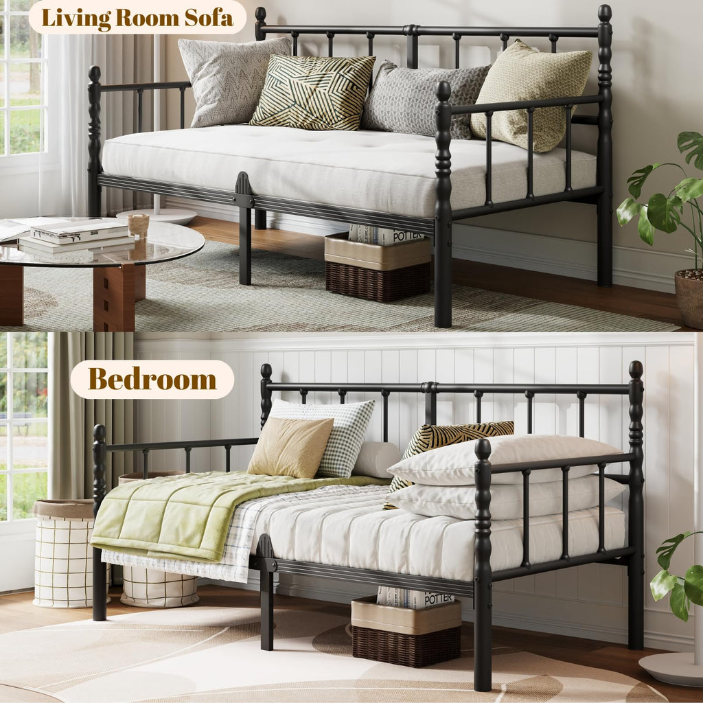14 Inch Classic Twin Daybed, Metal Sofa Bed with Storage, Black