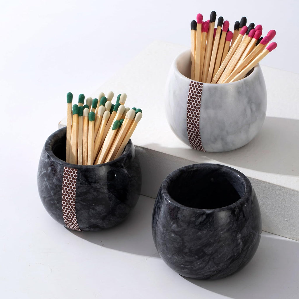 Decorative Marble Match Holder - Matches Box for Long Matches Sticks- Matches in a Jar with Striker(Wooden Matches