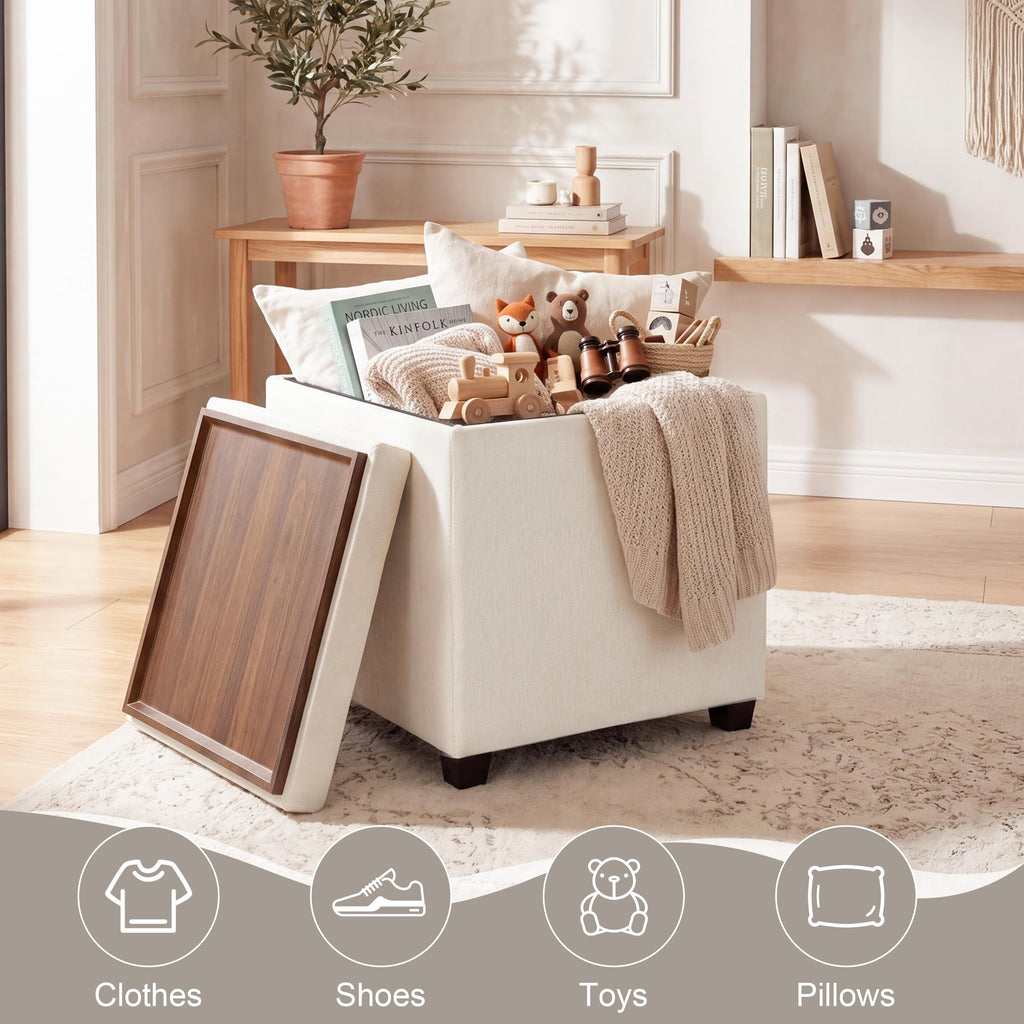 15 inch Square Storage Ottoman with Tray Lid, Modern Tufted Fabric Cube Coffee Table with Storage, Upholstered Ottoman