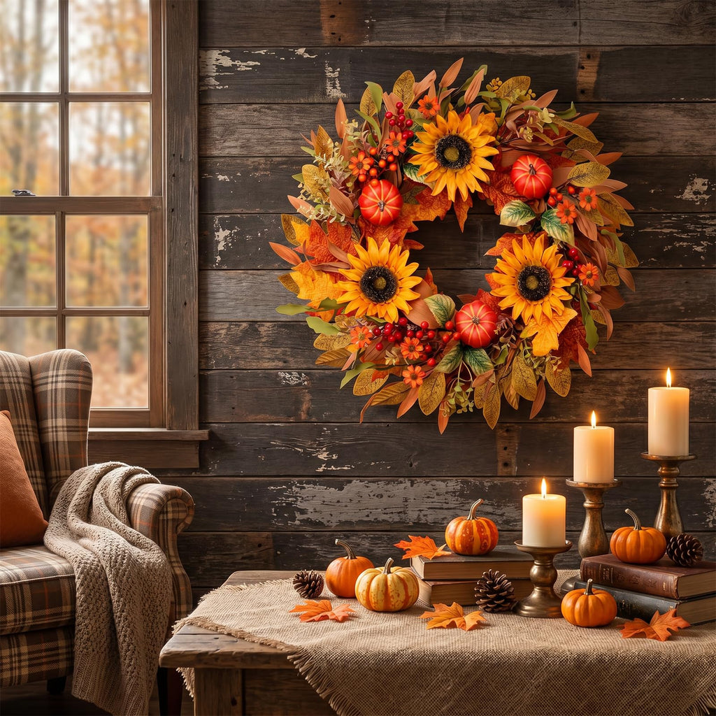 Fall Wreaths for Front Door 24 Inch Artificial Fall Wreath with Orange Pumpkins Berries Maple Leaves and Grapevine