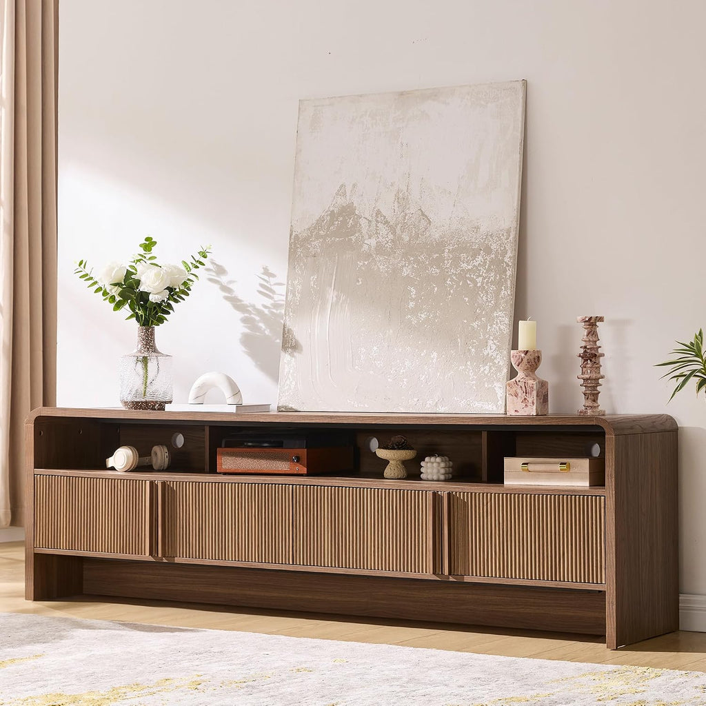 70" Fluted Wood TV Stand for TVs up to 80", Media Console Entertainment Center with Storage Cabinets for Living Room
