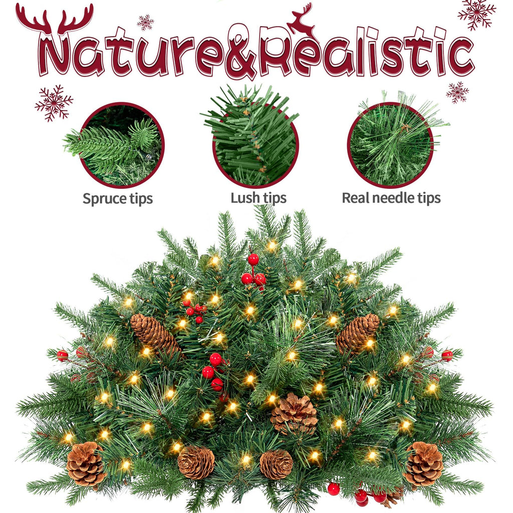 Outdoor Christmas Tree Frosted Urn Filler 2 Set, Pre-lit Artificial Xmas Tree with Cones & Red Berries, Small
