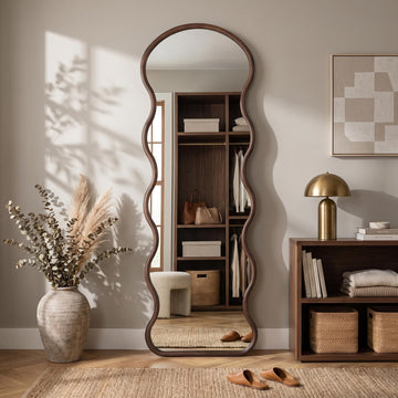 24"x 70" Full Length Wood Arched Mirror, Dark Walnut Wood Wavy Mirror, Decorative Floor or Wall Mounted and Dressing