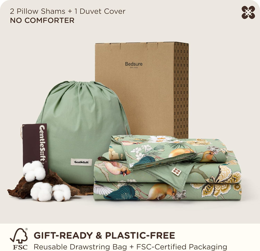 Floral Duvet Cover Queen - 100% Cotton Reversible Flowers and Birds Pattern Duvet Cover Set, 3 Pieces Soft &