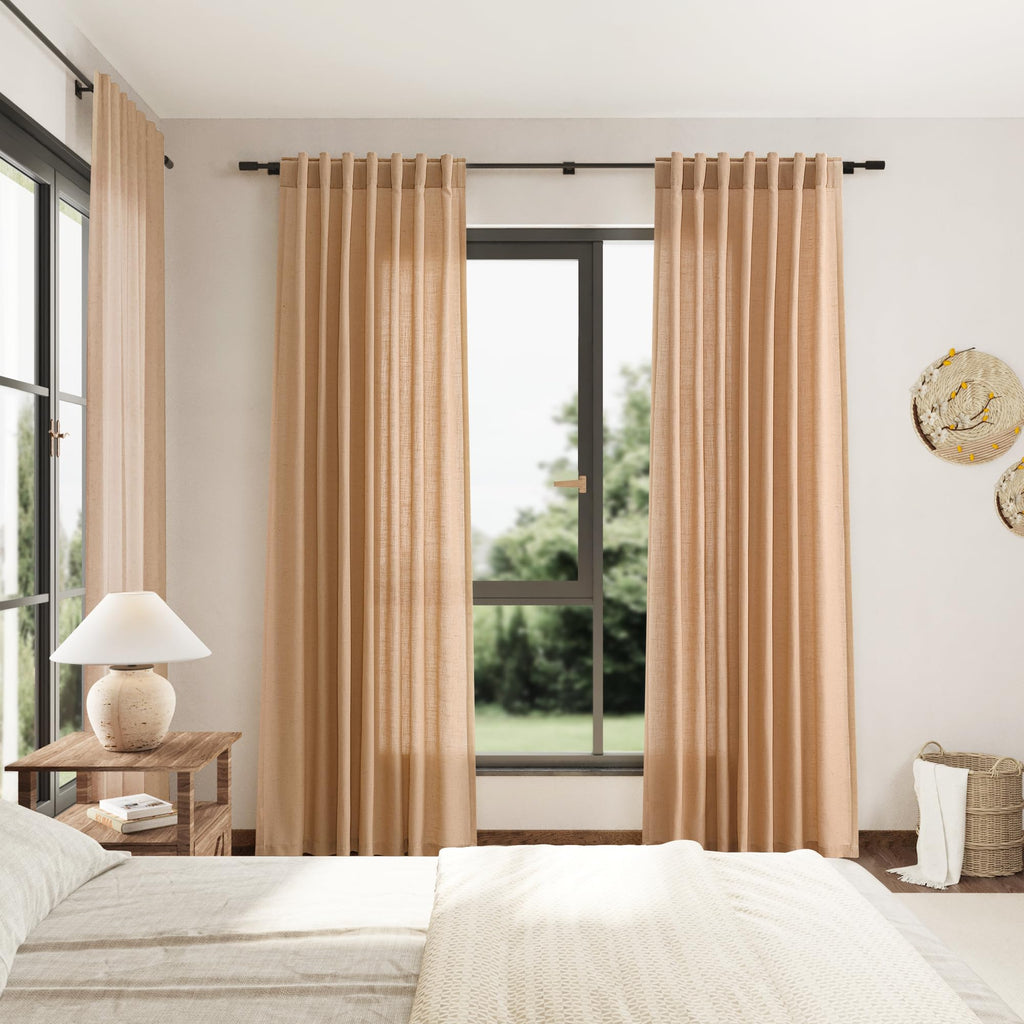 Camel Linen Curtains 84 Inches Long Back Tab Light Filtering Privacy Semi Sheer Drapes Modern Farmhouse Decor Camel