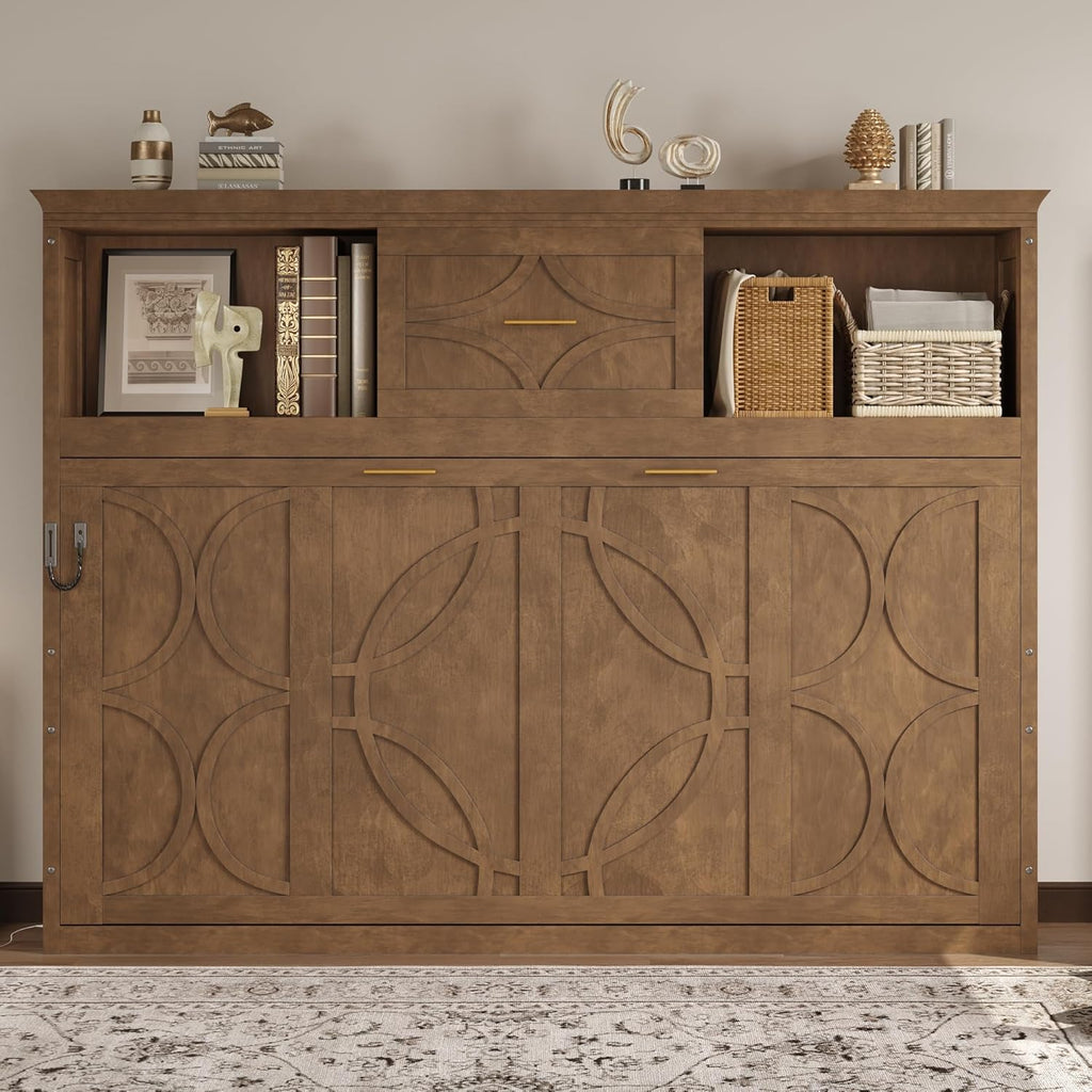 Farmhouse Wood Murphy Bed with Charging Station, Modern Wall Bed with Top Cabinet & Drawer, No Box Spring