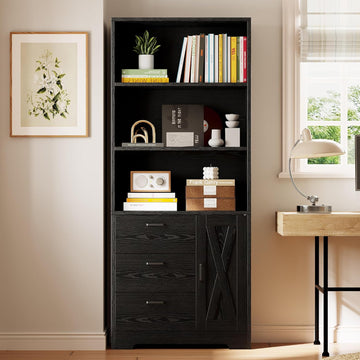 Bookshelf with Drawers, 71 in Tall Bookcase with Doors and 3-Tier Shelves, Entrance Hallway Home Office